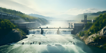 Hydroelectric power plants harness water flow to generate green energy. Concept Renewable Energy, Hydroelectric Power, Sustainable Practices, Environmental Benefitsの素材