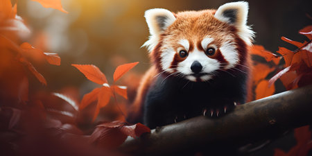 Adorable Red Panda Resting on a Picturesque Tree Branch with Blurred Background and Copy Space on Solid Background. Concept Nature, Wildlife, Red Panda, Tree Branch, Copy Spaceの素材