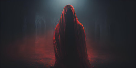 Figure in red robe amidst dimly lit surroundings exuding mysterious allure. Concept Mysterious Aura, Red Robe, Dim Lighting, Alluring Presence, Enigmatic Figureの素材