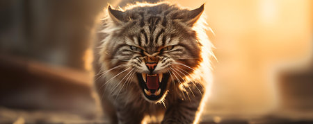 Startled cat with a wild expression standing alone against a clear backdrop. Concept Wild Animals, Startled Reactions, Clear Backdrops, Expressive Cat, Solo Portraitsの素材