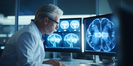 Experienced doctor analyzing Huntingtons brain scans on computer screen with expertise. Concept Medical Imaging, Neurology Expertise, Brain Scans Analysis, Huntington's Diseaseの素材