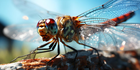 Macro shot of dewcovered dragonfly perched on spider web glistening in sunlight. Concept Nature, Macro Photography, Insect, Wildlife, Morning Lightの素材