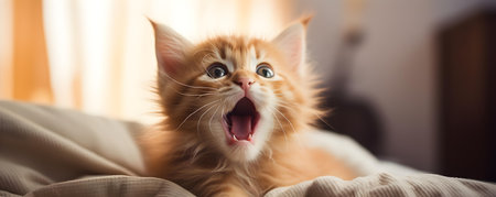 Startled feline muffles a gasp concealing its mouth with tiny paws. Concept cats, animals, gestures, surprised, expressionsの素材