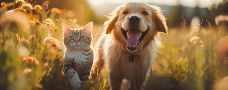 Playful dog and cat group joyfully frolics in a blurred field background. Concept Pets,Lifestyle,Outdoor,Animals,Funの素材