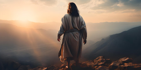 Powerful and determined Jesus stands on a mountain peak surrounded by divine light. Concept Spirituality, Jesus, Divine Light, Mountain Peak, Determinationの素材