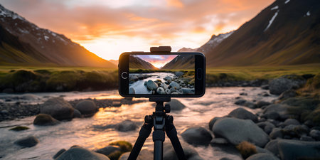 Sunset scenery captured on smartphone with tripod featuring mountain stream natures beauty. Concept Sunset Photography, Smartphone Photoshoot, Nature Beauty, Mountain Scenery, Tripod Techniquesの素材