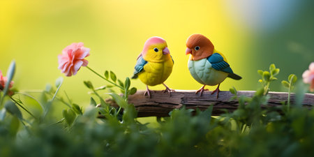 Pair of adorable lovebirds strolling on lush green lawn with blooming flowers. Concept Nature, Birds, Love, Strolling, Blooming Flowersの素材