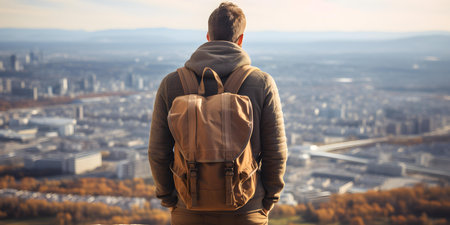 Urban adventurer surveys cityscape from atop skyscraper with backpack and purposeful gaze. Concept Adventure, Cityscape, Urban Lifestyle, Exploration, Skyscraperの素材