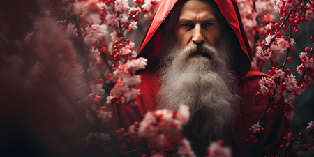 Religious figure dressed in red robe surrounded by vibrantly blurred flowers. Concept Religious Figure, Red Robe, Vibrant Flowers, Sacred Scene, Blurred Backgroundの素材