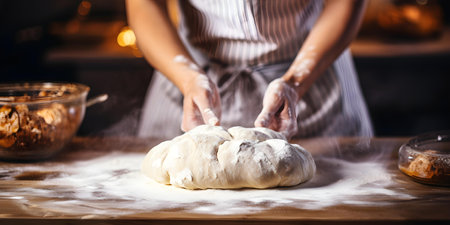 Creating Homemade Bread with Love and Joy: Woman Cheerfully Kneads Dough. Concept Baking Bread, Homemade Recipes, Joyful Cooking, Kneading Dough, Culinary Creationsの素材