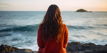 Woman contemplating the vastness of the ocean lost in deep thought. Concept Contemplation, Ocean Views, Deep Thought, Solitude, Reflectionの素材