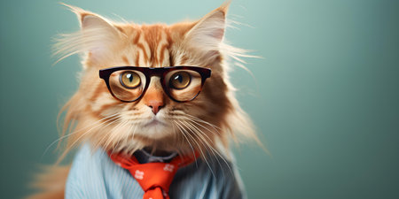 Stylish feline donning glasses and a shirt against a clean backdrop. Concept Cat Photoshoot, Stylish Feline, Glasses, Shirt, Clean Backdropの素材
