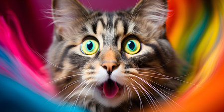 Wide-eyed Feline Shows Astonishment Against Vibrant Background in Close-up Shot. Concept Close-up Shot, Vibrant Background, Wide-eyed Feline, Astonishment Expressionの素材