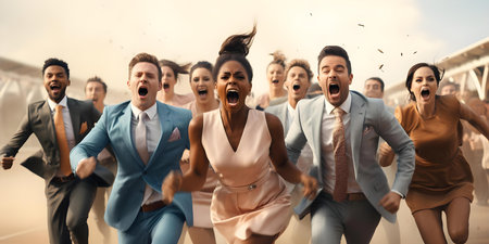 A diverse group of exuberant entrepreneurs celebrate as a businesswoman wins a race. Concept Business Success, Entrepreneurship, Teamwork, Achievement, Celebrationの素材