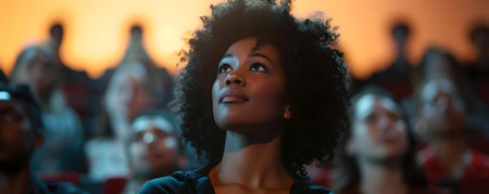 Captivated audience members wearing expressions of joy while deeply engrossed in a film. Concept Film Enthusiasts, Engaged Audience, Joyful Reactions, Captivated Expressions, Movie Watchingの素材