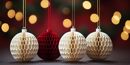 Christmas ornaments made of honeycomb paper with a modern and ecofriendly design. Concept Honeycomb Christmas Ornaments, Eco-Friendly Decor, Modern Holiday Accentsの素材