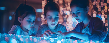 Family bonding over technology as mother and daughters explore together. Concept Family Time, Technology, Mother-Daughter Bonding, Exploring Togetherの素材