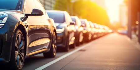 Electric vehicles lined up for recharging at a public charging station. Concept Electric Vehicles, Environmentally Friendly Transportation, Sustainable Technology, Public Charging Stationsの素材