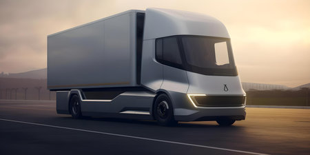 EV truck parked at charging station ready for sustainable energy boost. Concept Electric Vehicles, Charging Stations, Sustainable Energy, Truck Transportation, Environmental Impactの素材