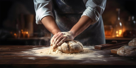 Skilled Baker Masterfully Kneading Dough to Craft Delicious Treats Against a Dark Background Ideal for Text. Concept Baking Mastery, Dough Kneading, Delicious Treats, Dark Background, Text Spaceの素材