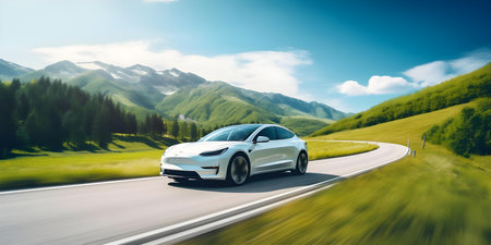 Electric car cruising on a road surrounded by lush greenery and blue skies. Concept Electric Car, Greenery, Blue Skies, Eco-Friendly Transportation, Nature Driveの素材
