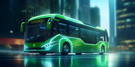Electric bus parked at charging station ready for ecofriendly transportation. Concept Eco-friendly Transportation, Electric Vehicles, Charging Stations, Clean Energy, Sustainable Travelの素材