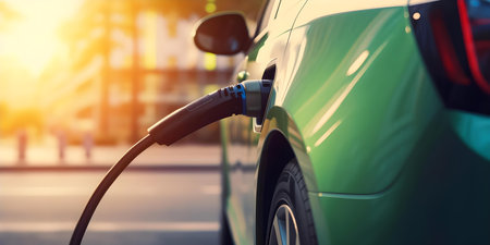 Electric car charging station promoting environmentally friendly transportation and sustainability. Concept Electric Cars, Sustainability, Green Technology, Energy Efficiency, Environmental Impactの素材