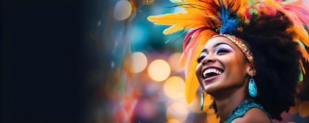 Joyful woman donning festive attire against vibrant backdrop during carnival celebration. Concept Festive Portraits, Carnival Photoshoot, Colorful Backdrop, Joyful Expressions, Vibrant Attireの素材