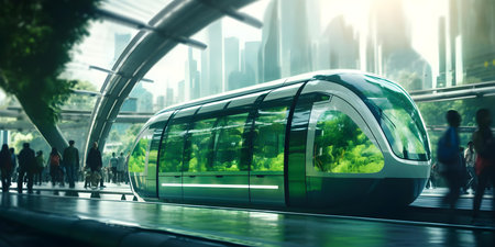 Green public transportation navigating futuristic city streets promoting ecofriendly urban mobility. Concept Urban Transportation, Green Initiatives, Eco-Friendly Cities, Sustainable Mobilityの素材