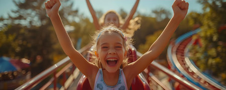 Excited girls raise arms in thrill as they ride twisting roller coaster. Concept Amusement Parks, Roller Coasters, Excitement, Thrill Rides, Fun Momentsの素材
