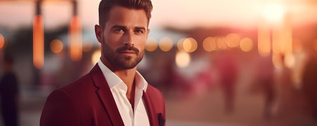 Handsome VIP celebrity posing before a photo shoot Runway glows in sunset light a scene of evening serenity. Concept VIP Celebrity Photoshoot, Sunset Glow, Runway Serenity, Evening Sceneの素材