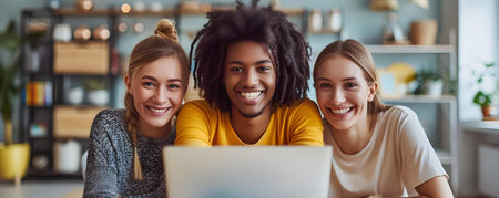 Multicultural friends joyfully surfing the internet on a laptop enjoying homemaking activities. Concept Multicultural Friends, Internet Surfing, Homemaking Activities, Joyful, Laptopの素材