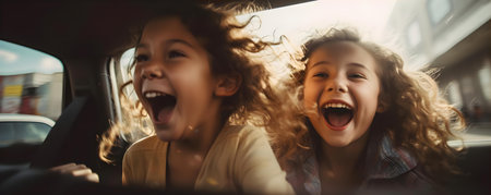 Girls enjoying a festive celebration in a car with blurred background and copy space. Concept Festive Celebration, Girls in Car, Blurred Background, Copy Spaceの素材