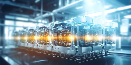 Production line creating highvoltage battery modules for electric vehicles emphasizing automotive innovation. Concept Automotive Innovation, High-Voltage Battery Modules, Electric Vehiclesの素材
