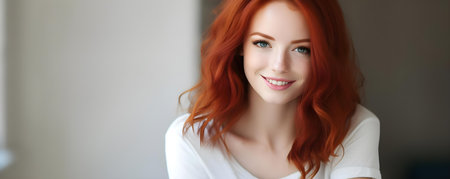 Joyful young woman makes eye contact with the camera Happy woman with red hair and freckles stylish . Concept Beauty and Fashion, Portrait Photography, Joyful Expressions, Red Hair and Frecklesの素材