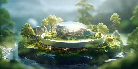 Renewable energy components integrated in serene natural setting depicted through D visualization. Concept Renewable Energy, Components, Serene Nature, 3D Visualizationの素材