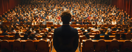 Speaker engaging diverse audience in lively seminar energizing the large auditorium. Concept Public Speaking, Diverse Audience, Seminar, Engaging Speech, Lively Atmosphereの素材
