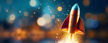 Rocketshaped startup symbolizing moving towards new goals blurred backgroundcopy space solid background. Concept Startup Launch, Rocket Symbol, Blurred Background, Copy Space, Solid Backgroundの素材