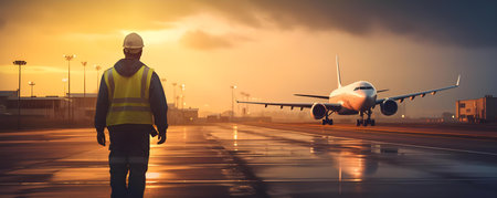 Warmly welcome back home with a view of an aircraft marshaller guiding landings Aviation marshaller guides aircraft in for landing from behind. Concept Aviation, Homecoming, Aircraft Marshallerの素材