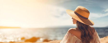 Woman enjoying the sun and embracing peace by the beach. Concept Beach Photoshoot, Sunshine, Peaceful Moment, Woman, Embracingの素材