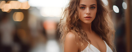 Young woman in a white dress. Concept Elegant Photoshoot, White Dress, Young Woman, Classic Portraits, Timeless Fashionの素材