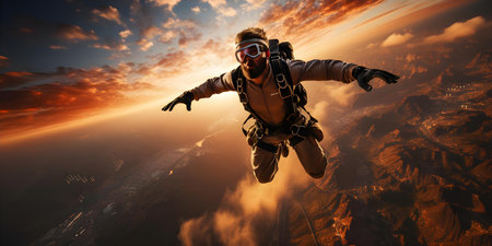 Thrillseeker skydiving into the setting sun embracing the extreme sports lifestyle. Concept Extreme Sports, Skydiving, Thrillseeker, Setting Sun, Outdoor Adventureの素材