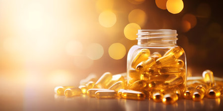 Vibrant supplements bathed in sunlight against a golden bokeh backdrop. Concept Colorful Supplements, Sunlight Setting, Golden Bokeh, Vibrant Photographyの素材
