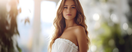 Stylish young woman in a white dress. Concept Fashion Photography, White Dress, Stylish Woman, Trendy Outfit, Elegant Posesの素材