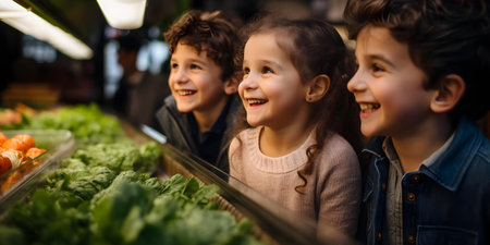 A joyful family dressed warmly happily shops for fresh ecofriendly produce. Concept Family Shopping, Fresh Produce, Eco-friendly, Warmly Dressed, Joyful Reactionsの素材