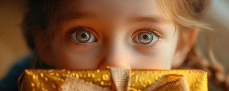 A child's eyes sparkle with joy as they unveil a surprise gift. Concept Childhood, Joy, Surprise, Gift, Emotionsの素材