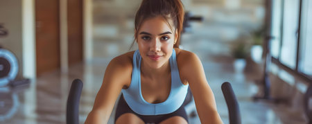 Active young woman cycling on a futuristic stationary bike enjoying a home workout. Concept Home workout, Cycling, Active lifestyle, Futuristic technology, Fitness routineの素材