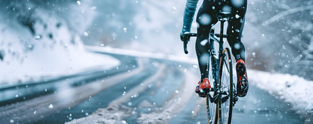 A cyclist pedaling through wintry snow on a road captured upclose. Concept Winter Cycling, Snowy Road, Close-Up Shot, Outdoor Adventure, Extreme Sportsの素材