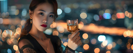 A stunning Asian woman gracefully holds a cocktail on a rooftop bar at night surrounded by mesmerizing bokeh lights. Concept Nightlife Photography, Asian Model, Rooftop Bar, Cocktail, Bokeh Lightsの素材