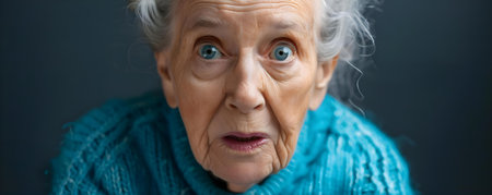 An elderly woman dressed in a blue sweater displays a startled expression. Concept Portrait, Elderly Woman, Blue Sweater, Started Expressionの素材